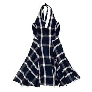 Eva Franco Plaid‎ Halter Linen Blend Knee Length Dress Navy Size 2